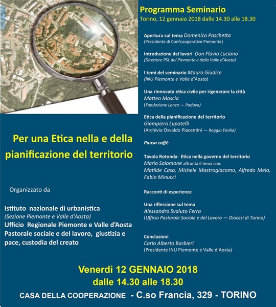 VENERDI’ 12 GENNAIO IL SEMINARIO "PER UNA ETICA NELLA E DELLA PIANIFICAZIONE DEL TERRITORIO"