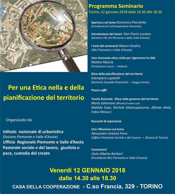 VENERDI' 12 GENNAIO IL SEMINARIO "PER UNA ETICA NELLA E DELLA PIANIFICAZIONE DEL TERRITORIO"